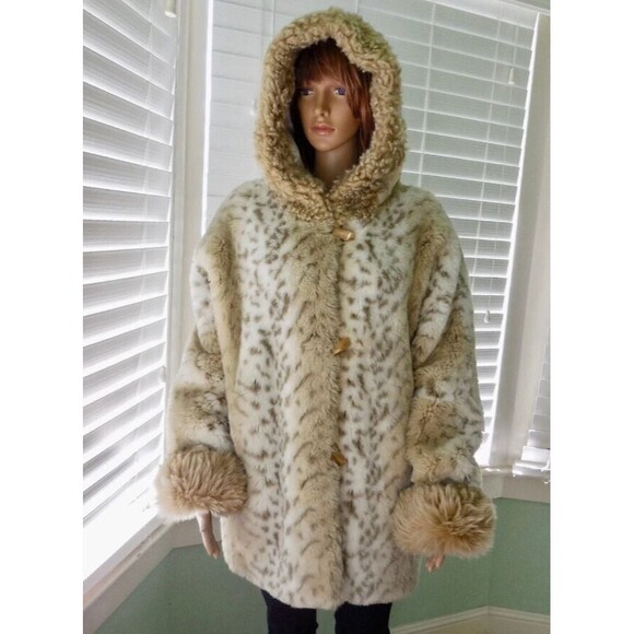 Vtg 80s Coldwater Creek Coat Snow Leopard Faux Fur Oversized Jacket Toggles PL - Picture 1 of 8